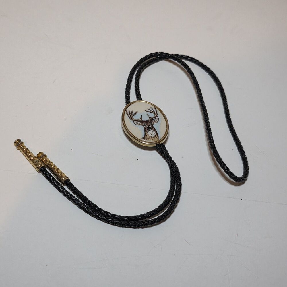 Von West Western Hand Painted Enamel Deer Bolo Tie On Black 36 In. Leather Cord
